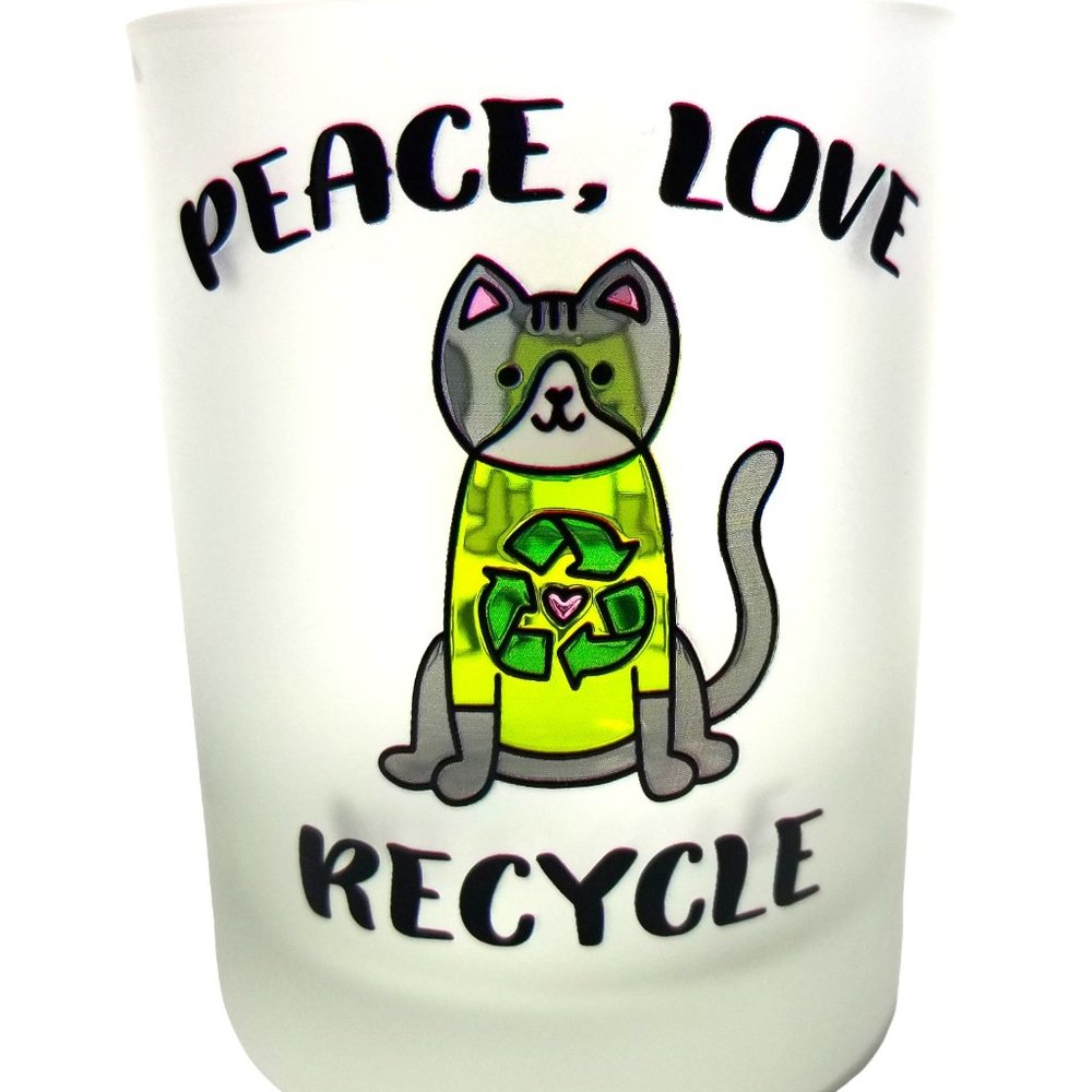 Frosted Old Fashion Glass PEACE, LOVE, RECYCLE ♻ Cat Barware Tumbler by Culver. - Picture 1 of 5